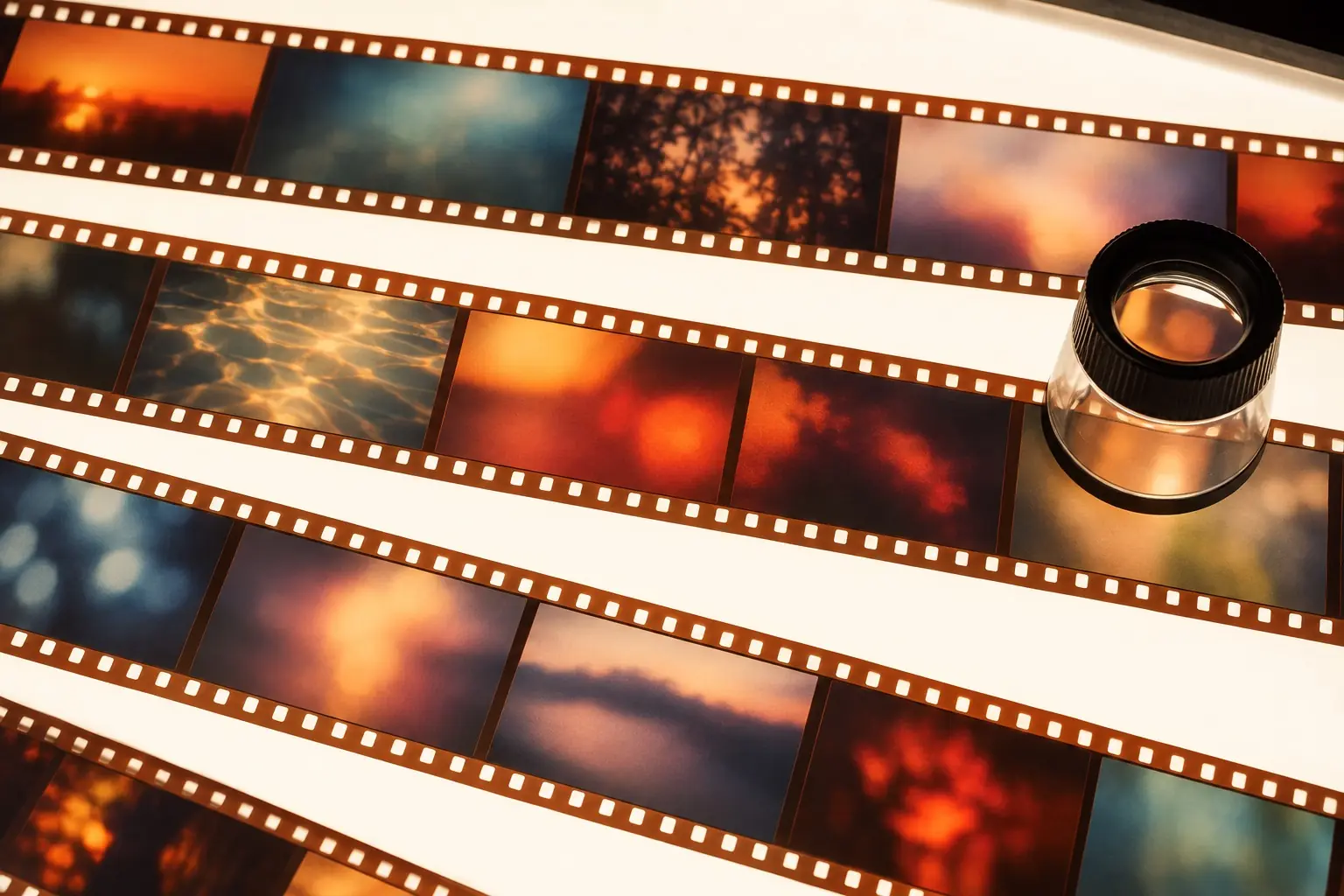 イメージ写真：ライトテーブルに並ぶ35mmフィルムとルーペ